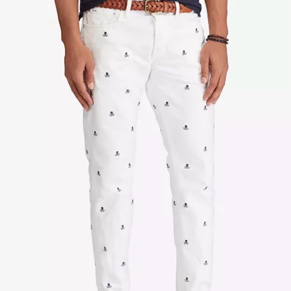 Polo Ralph Lauren Varick Slim Straight Embroidered Skull Crossbone Jeans 37x30.5
